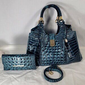 2 pc. BRAHMIN IVY GREEN ELISA LEATHER SHOULDER BAG/PURSE-CHECKBOOK WALLET SET